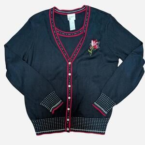 Vintage 1990s Koret Navy Floral Embroidered Cardigan Sweater Size S